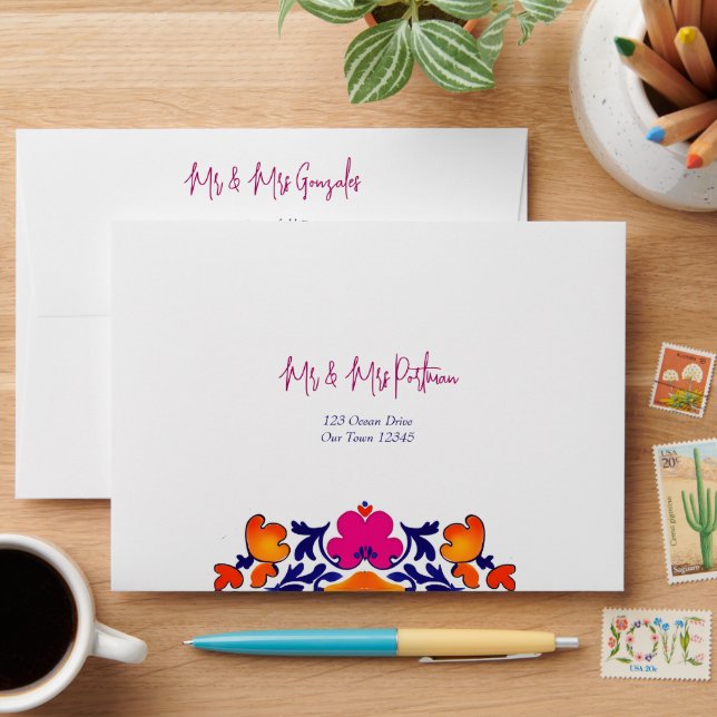 Enveloppe Adresse de retour du mariage mexicain rose orange (Desk)