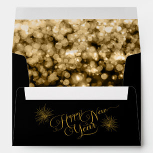 Enveloppe Adresse de retour du Nouvel An Black Gold Bokeh