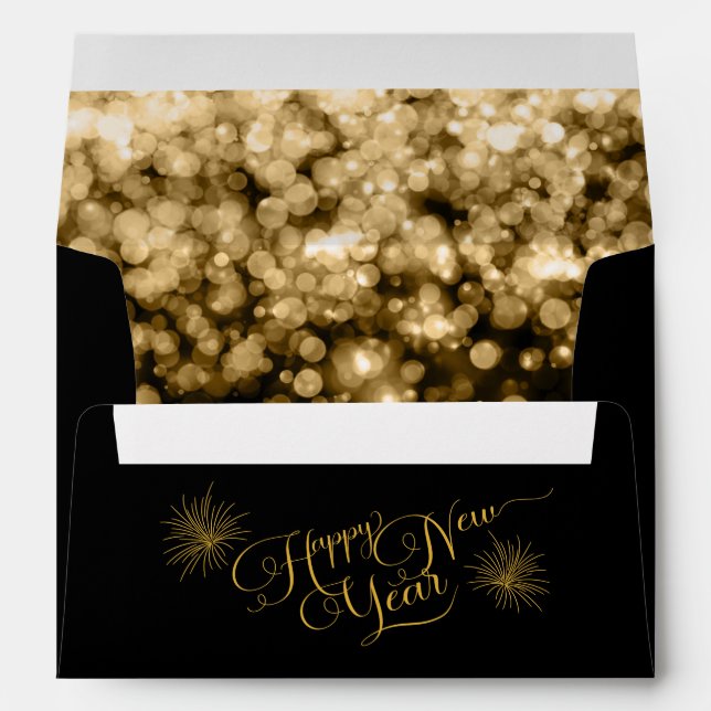 Enveloppe Adresse de retour du Nouvel An Black Gold Bokeh (Dos (Bas))