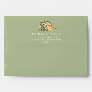 Enveloppe Agrumes, orange + fleurs mariage sauge vert modern