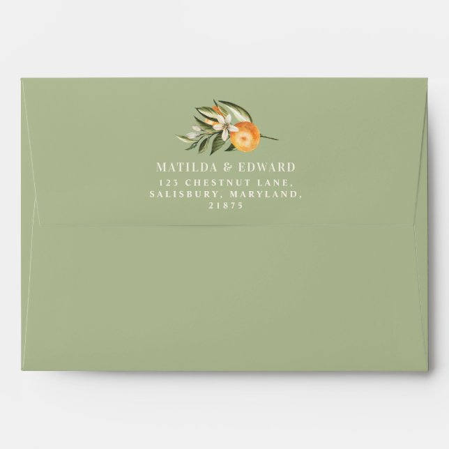 Enveloppe Agrumes, orange + fleurs mariage sauge vert modern (Dos (Haut rabat))
