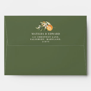 Enveloppe Agrumes, orange + fleurs mariage sauge vert modern