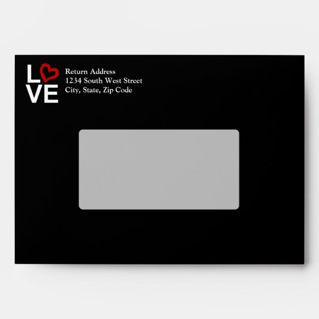 Enveloppe AMOUR, noir et blanc avec le coeur esquissé rouge (Devant)