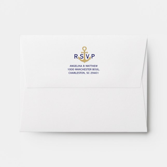 Enveloppe Ancre d'or bleu marine Mariage RSVP (Dos (Haut rabat))