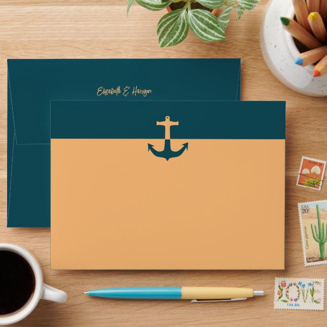 Enveloppe Ancre nautique - Bleu corail - Mariage plage (Desk)