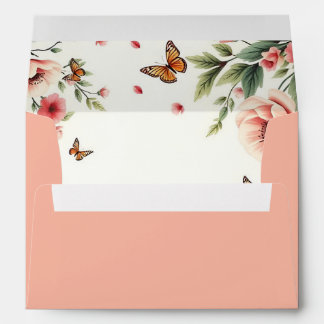 Enveloppe Anémone rose, papillons bordure florale mariage