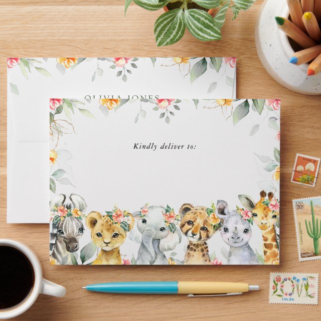 Enveloppe Animaux de la jungle, Safari, Fleurs, Baby shower (Desk)
