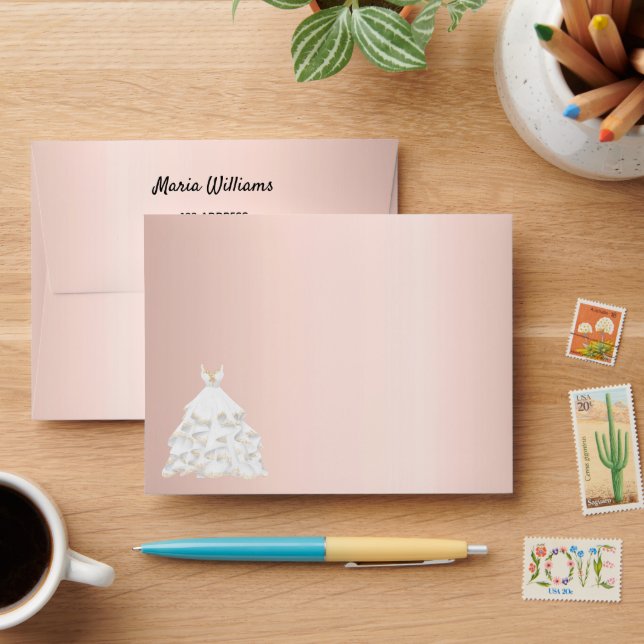 Enveloppe Anniversaire rose or rousse robe blanche parties s (Desk)