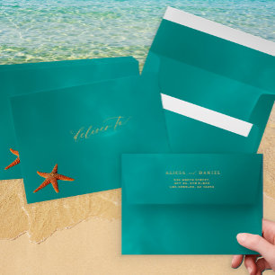 Enveloppe Aqua or étoile de mer mariage retour