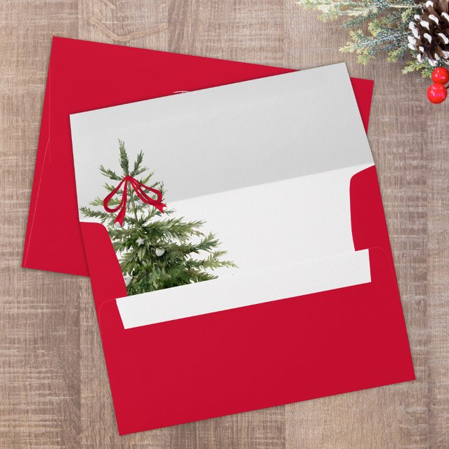 Enveloppe Aquarelle Arbre de Noël rouge et vert (Christmas tree watercolor red and green envelope.)