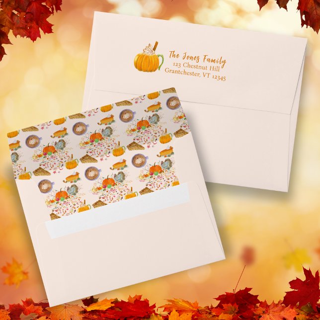 Enveloppe Aquarelle Automne Plaisirs Citrouille Épice, tarte (Elevate Autumn Mail: Captivating Watercolor Envelope with Seasonal Delights and Artistry.)