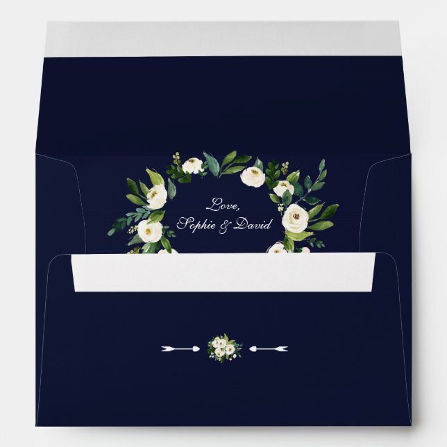 Enveloppe Aquarelle Blanc Floral Bleu foncé Mariage (Dos (Bas))