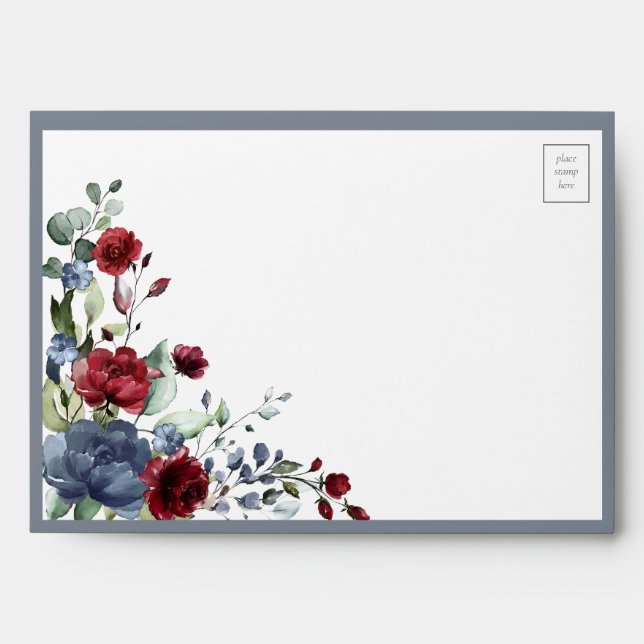 Enveloppe Aquarelle bleu-bordeaux rouge florale (Devant)
