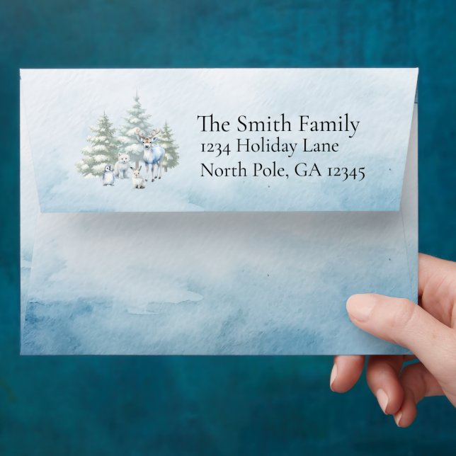 Enveloppe Aquarelle bleu clair Bois Animaux Noël (Hand)