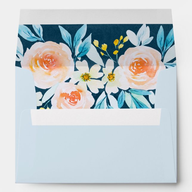 Enveloppe Aquarelle bleu clair moderne Mariage Floral (Dos (Bas))