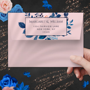 Enveloppe Aquarelle bleu marine et rose pâle Mariage floral