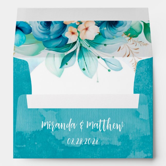 Enveloppe Aquarelle bleu turquoise Floral Mariage géométriqu (Dos (Bas))