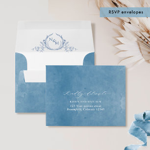 Enveloppe Aquarelle bleue RSVP avec Cimet d'adresse de retou