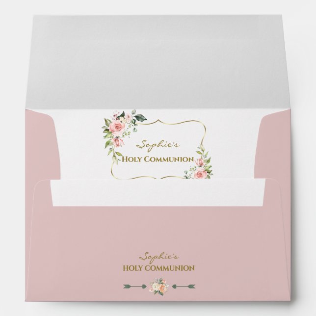 Enveloppe Aquarelle Blush Floral Gold Holy Communion (Dos (Bas))