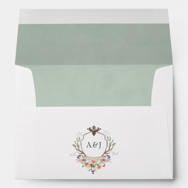 Enveloppe Aquarelle Bois Laurel Crest Monogramme Mariage (Dos (Bas))