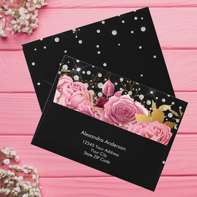 Enveloppe Aquarelle Botanique Fleurs roses Diamants Parties  (Watercolor Botanical Pink Flowers Diamonds Glitter Envelope)