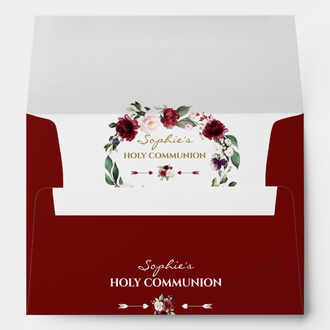 Enveloppe Aquarelle Bourgogne Floral Or Sainte Communion (Dos (Bas))