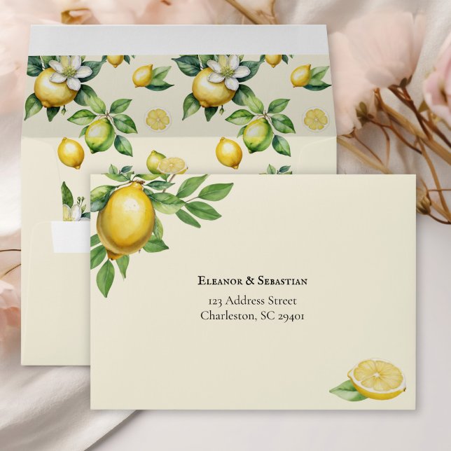 Enveloppe Aquarelle Citron Jaune Citrus Mariage rustique RSV (Créateur téléchargé)