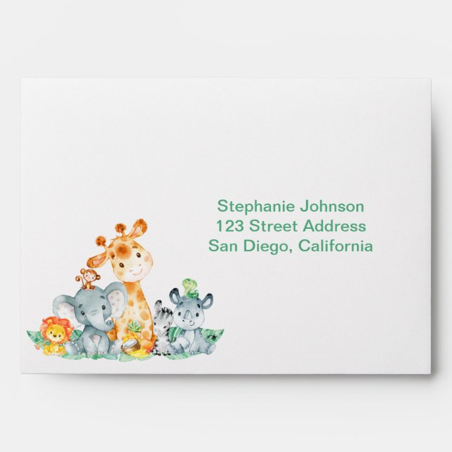 Enveloppe Aquarelle Cute Safari Jungle Animaux Anniversaire (Devant)