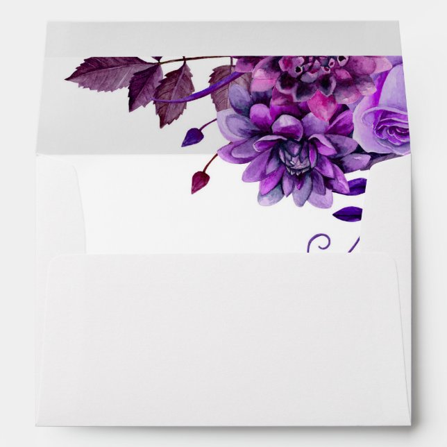 Enveloppe Aquarelle de fleurs violettes. Mariage floral viol (Dos (Bas))