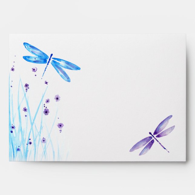 Enveloppe Aquarelle de Mariage de libellule bleue et violett (Devant)