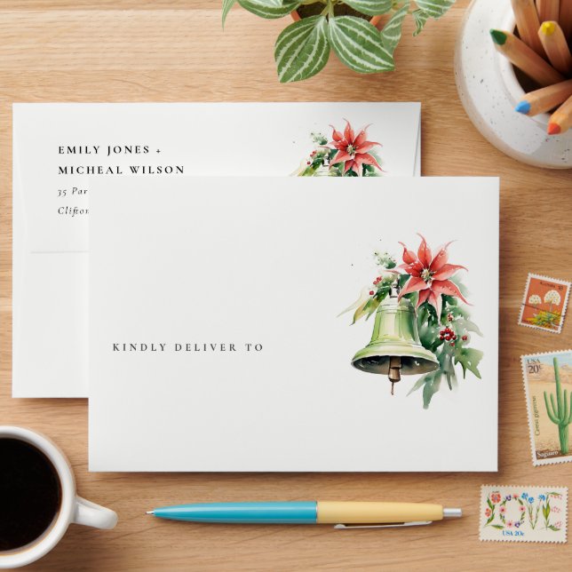 Enveloppe Aquarelle de Noël Bell Pine Poinsettia Folithe (Desk)