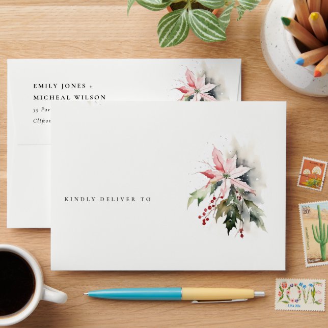 Enveloppe Aquarelle de Noël Berry Poinsettia Folithe (Desk)