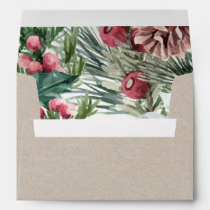 Enveloppe Aquarelle de Noël Holly Berries Pine Cone Kraft