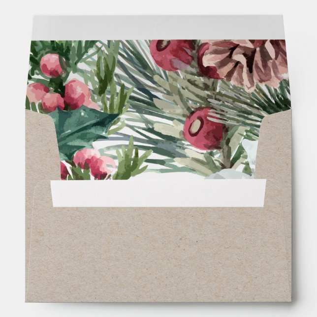 Enveloppe Aquarelle de Noël Holly Berries Pine Cone Kraft (Dos (Bas))