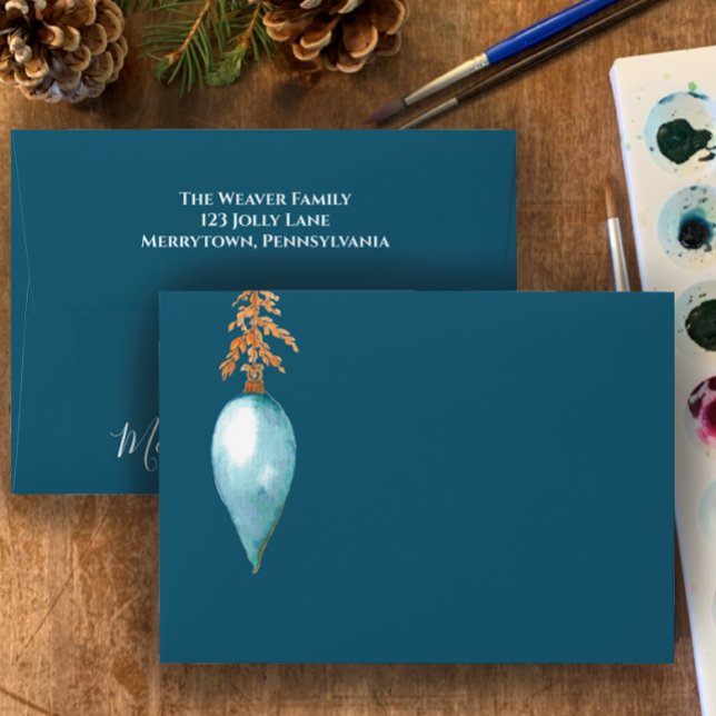 Enveloppe Aquarelle de Noël personnalisée bleue (Customize these one of a kind envelopes with my hand painted watercolor blue Christmas ornament.
)