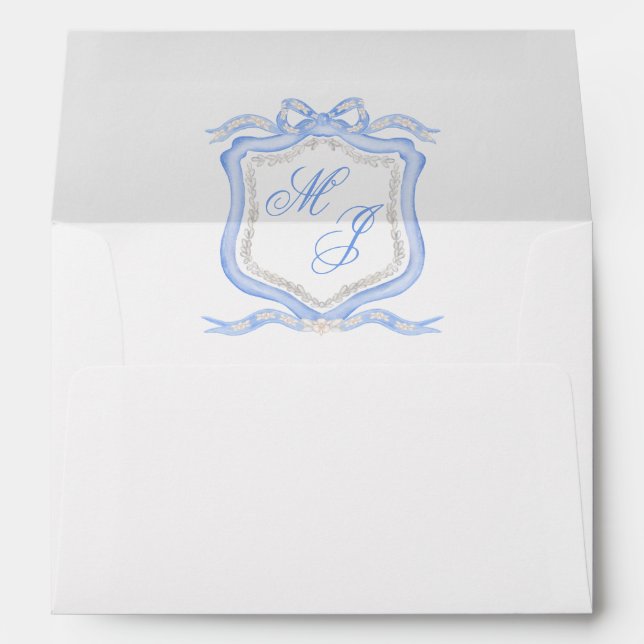 Enveloppe Aquarelle Designer Blue Monogram Crest Mariage (Dos (Bas))