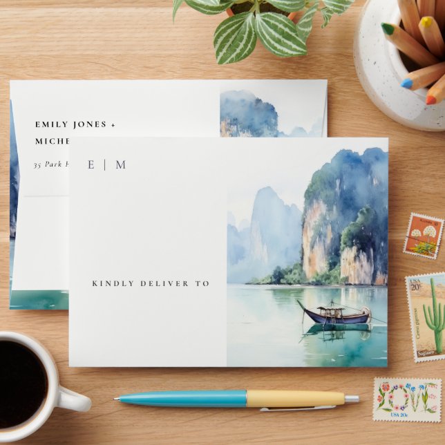 Enveloppe Aquarelle douce Côte Thaïlande Mariage marin (Desk)