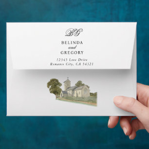 Enveloppe Aquarelle Eglise traditionnelle Monogramme Mariage