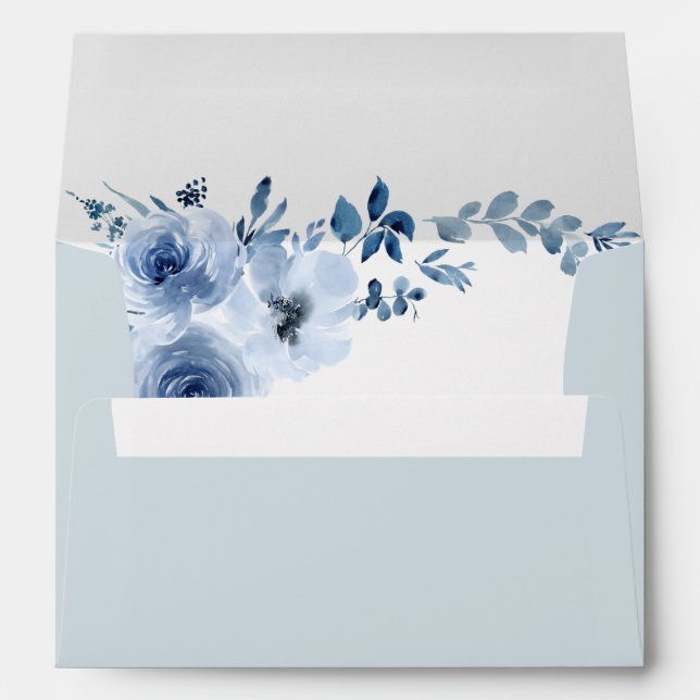 Enveloppe aquarelle fleurie bleu poussiéreux mariage (Dos (Bas))