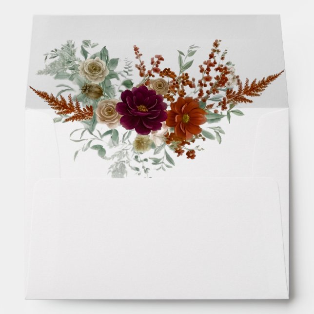 Enveloppe Aquarelle Floral Automne Bourgogne & Orange Rouill (Dos (Bas))