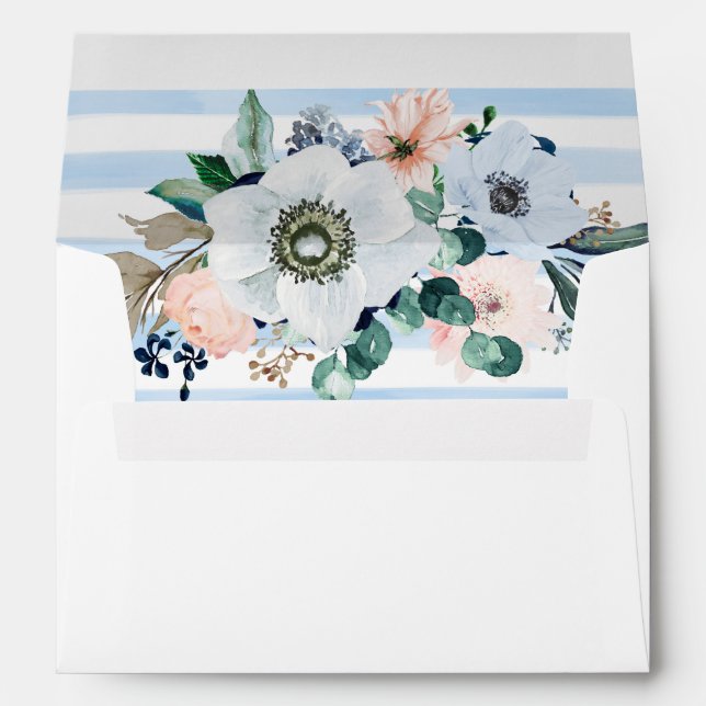 Enveloppe Aquarelle Floral Blue Stripes Plage Mariage (Dos (Bas))
