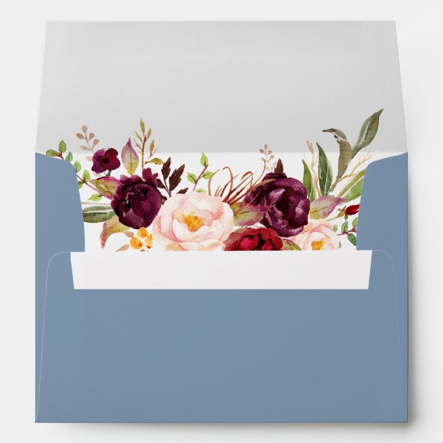 Enveloppe Aquarelle Floral Bourgogne Dusty Mariage bleu (Dos (Bas))