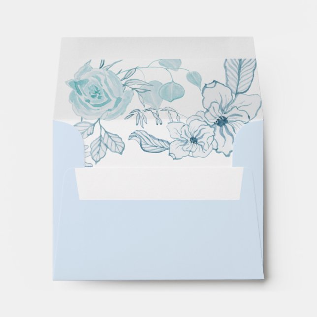 Enveloppe Aquarelle Floral Mariage Bleu Blanc Feuillage (Dos (Bas))