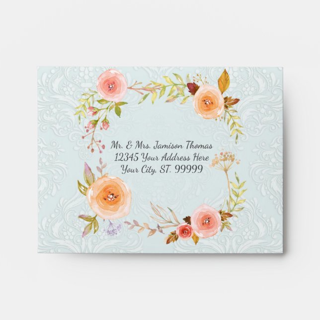 Enveloppe Aquarelle Floral Mariage Élégant Romantique Bleu (Devant)