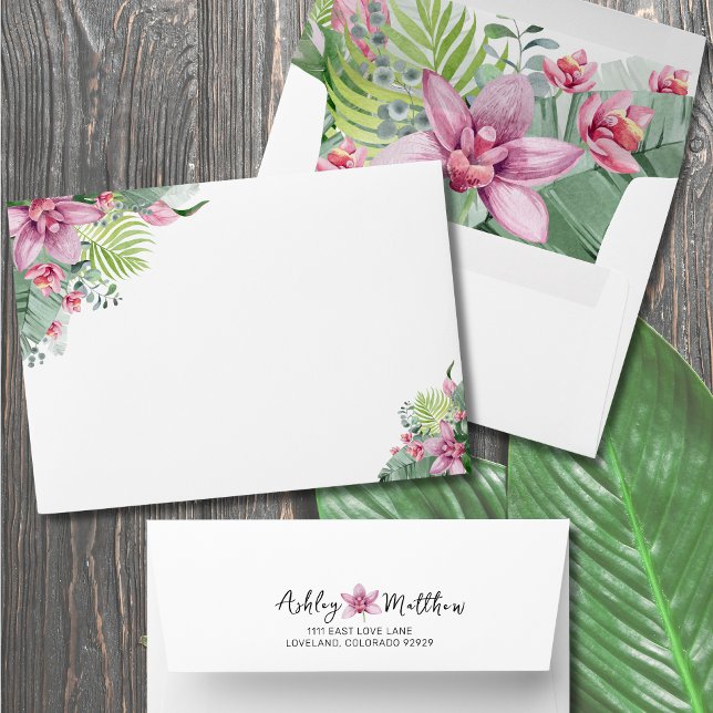 Enveloppe Aquarelle Floral Mariage tropical (Elegant Palm Floral Watercolor Tropical Wedding Envelope)