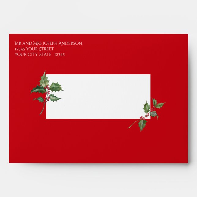 Enveloppe Aquarelle Holly et Berries rouges (Devant)