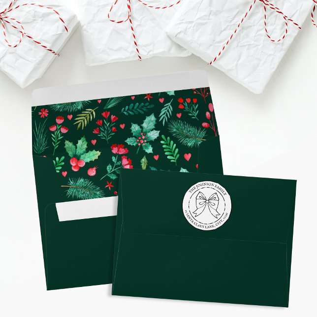 Enveloppe Aquarelle Holly et Berries rouges Dark Green (Watercolor Holly, Red Berries + Pine Needles Green Envelope)