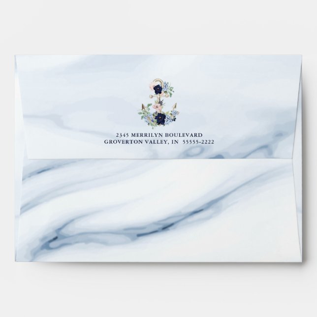 Enveloppe Aquarelle marine Elégante Ancre florale Bleu (Dos (Haut rabat))