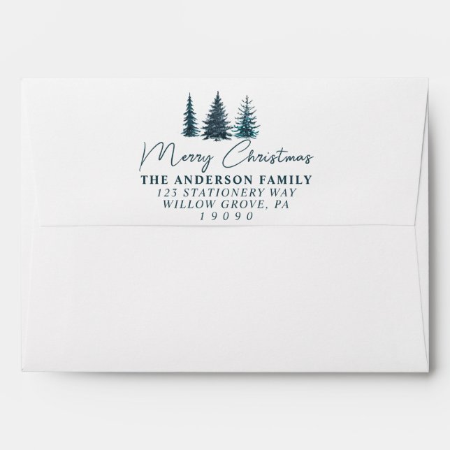 Enveloppe Aquarelle Marine Pins Bleus Arbres Joyeux Noël (Dos (Haut rabat))