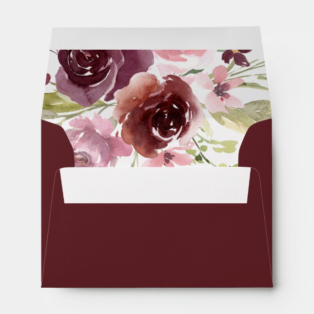 Enveloppe Aquarelle moderne rose Bourgogne Mariage Floral (Dos (Bas))